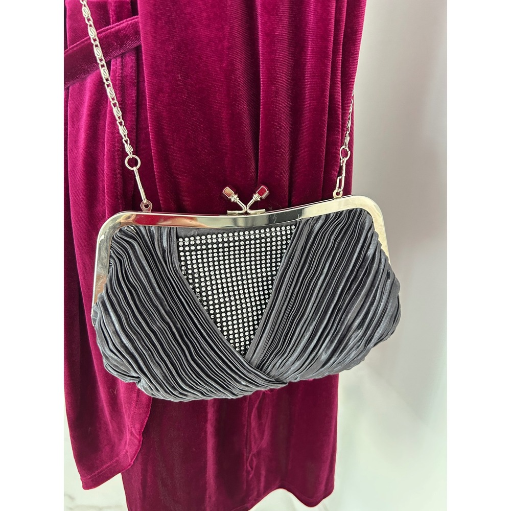 Grey Pleated Rhinestone Evening Clutch Crossbody Bag WT13739-1 Silver Hardware